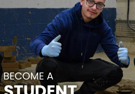 A student crouched down with his thumbs up, behind text saying 'Become a Student Ambassador. Apply online today'